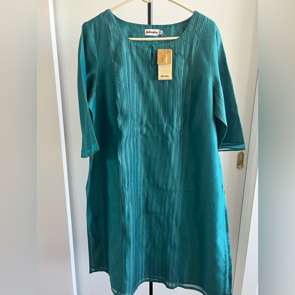 NWT Fabindia Kurta dress Women's Silk Blend Turquoise Teal w silver thread XXL